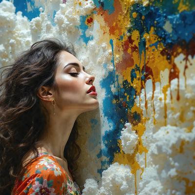 The primary subject of the image is a woman with long hair, who is leaning against a wall with a colorful painting behind her. The setting appears to be an artistic environment, possibly a gallery or an art studio. The visual style of the image is a combination of photo and digital art, creating a unique and vibrant atmosphere. The dominant colors in the image are yellow, blue, and white, which contribute to the overall mood of the scene.